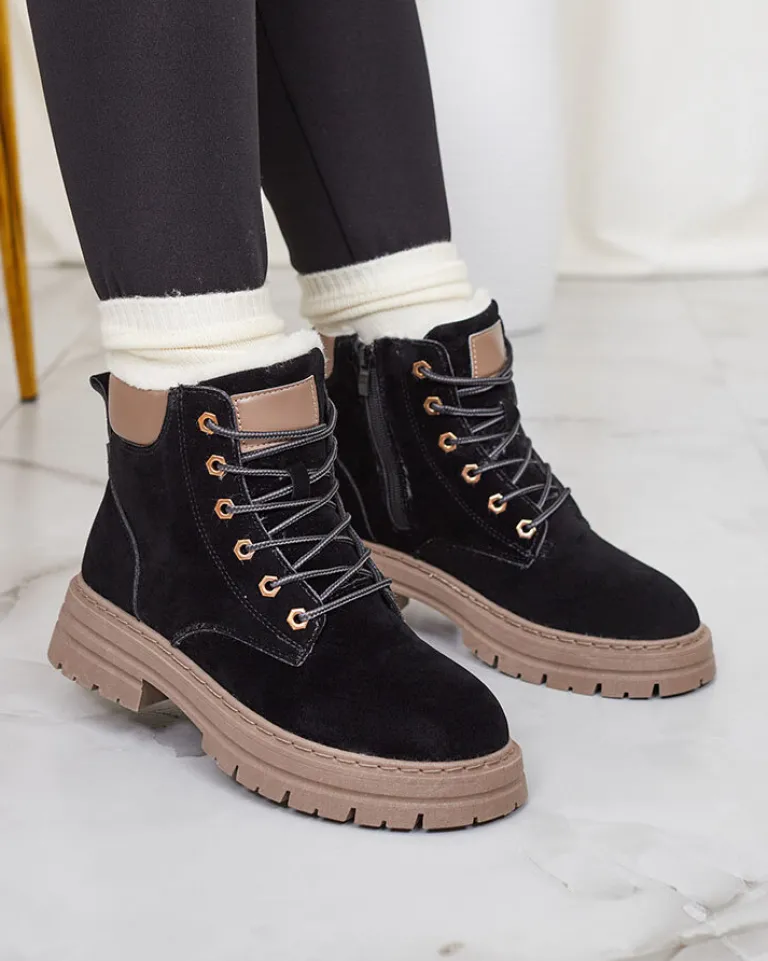 Best Czarno- brązowe damskie ocieplane botki typu trapery Radoras Trapery|Botki Z Delikatnym Ociepleniem