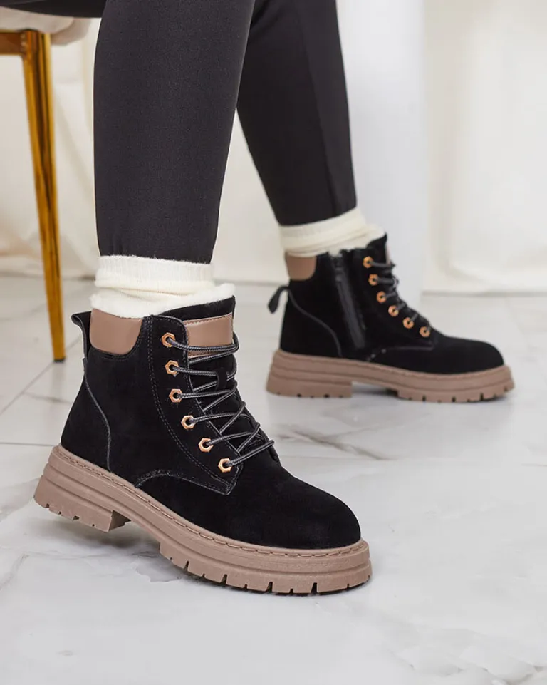 Best Czarno- brązowe damskie ocieplane botki typu trapery Radoras Trapery|Botki Z Delikatnym Ociepleniem