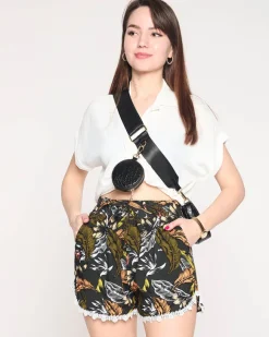 Sale Czarno- pomarańczowe damskie szorty w roślinny wzór Szorty|Krótkie Spodenki