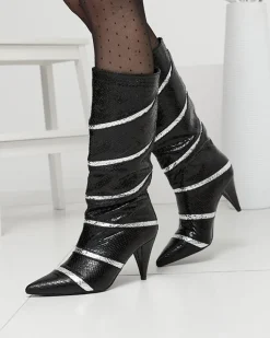 Online Czarno- srebrne damskie kozaki na szpilce z tłoczeniem w paski Felifea Kozaki Na Obcasie|Kozaki Z Ociepleniem