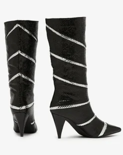 Online Czarno- srebrne damskie kozaki na szpilce z tłoczeniem w paski Felifea Kozaki Na Obcasie|Kozaki Z Ociepleniem