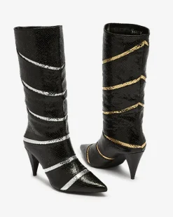 Online Czarno- srebrne damskie kozaki na szpilce z tłoczeniem w paski Felifea Kozaki Na Obcasie|Kozaki Z Ociepleniem