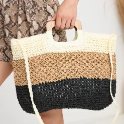 Best Czarno-beżowa słomiana duża torebka damska Damskie Wiklinowe I Słomiane