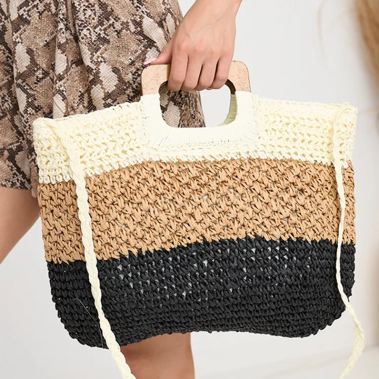 Best Czarno-beżowa słomiana duża torebka damska Damskie Wiklinowe I Słomiane