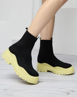 Sale Czarno-żółte botki damskie na płaskim obcasie Seritis Botki Bez Ocieplenia|Botki Na Płaskim Obcasie