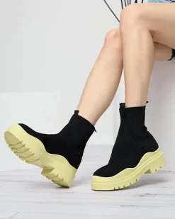 Sale Czarno-żółte botki damskie na płaskim obcasie Seritis Botki Bez Ocieplenia|Botki Na Płaskim Obcasie