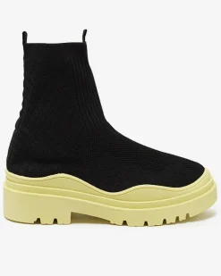 Sale Czarno-żółte botki damskie na płaskim obcasie Seritis Botki Bez Ocieplenia|Botki Na Płaskim Obcasie