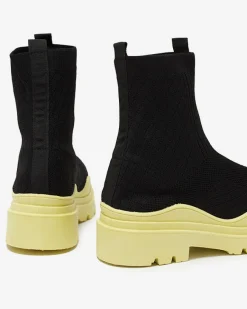 Sale Czarno-żółte botki damskie na płaskim obcasie Seritis Botki Bez Ocieplenia|Botki Na Płaskim Obcasie