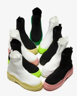 Sale Czarno-żółte botki damskie na płaskim obcasie Seritis Botki Bez Ocieplenia|Botki Na Płaskim Obcasie