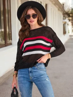 ażurowy damski sweter w paski Swetry