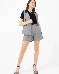 Hot Czarny damski garnitur w białą kratkę Damskie Szorty|Krótkie Spodenki