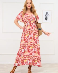 Online Czerwona damska długa sukienka z modnym wzorem Sukienki Letnie|Sukienki Długie