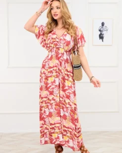 Online Czerwona damska długa sukienka z modnym wzorem Sukienki Letnie|Sukienki Długie