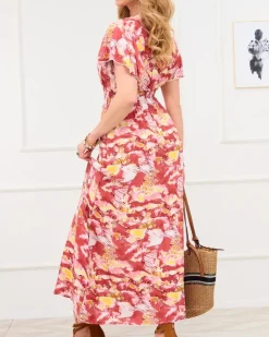 Online Czerwona damska długa sukienka z modnym wzorem Sukienki Letnie|Sukienki Długie