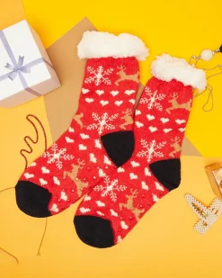 Sale Czerwone damskie skarpetki ze świątecznym wzorem Skarpetki