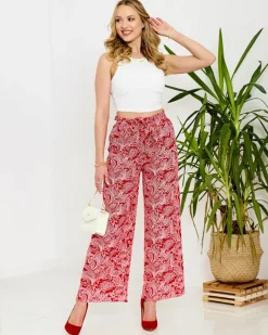 Online Czerwone damskie spodnie materiałowe z printem Spodnie Materiałowe