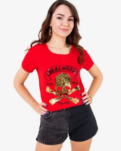 Outlet damski t-shirt z cekinami i napisami Bluzki / Koszule / Koszulki