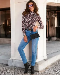 Best Damska bluzka z marszczeniem i kwiatem Bluzki / Koszule / Koszulki