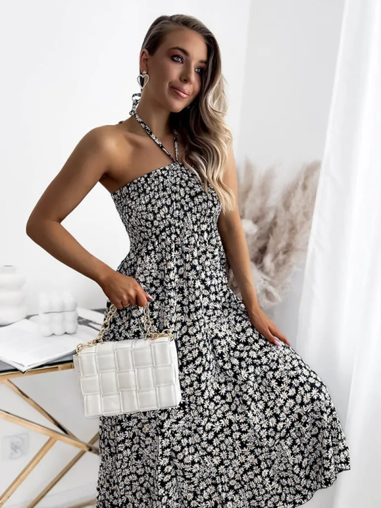 Clearance Damska czarna sukienka midi kwiaty Sukienki Letnie|Sukienki Długie