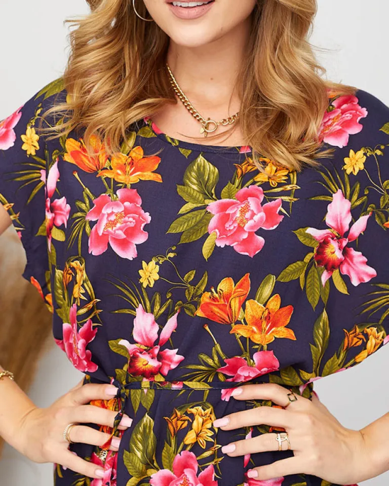 Best Damska letnia granatowa sukienka w kolorowe kwiaty Sukienki Letnie|Sukienki Krótkie