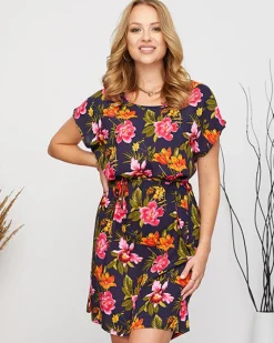 Best Damska letnia granatowa sukienka w kolorowe kwiaty Sukienki Letnie|Sukienki Krótkie