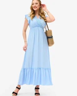 Online Damska niebieska długa sukienka z koronką Sukienki Letnie|Sukienki Długie