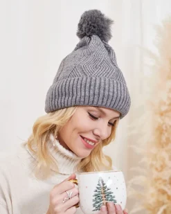Clearance damska ocieplana czapka z pomponem w szarym kolorze Damskie Czapki I Kapelusze