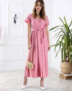 Best Damska różowa długa sukienka z rozcięciem Sukienki Letnie|Sukienki Długie