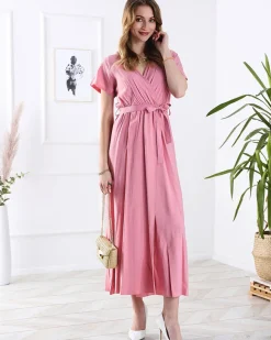 Best Damska różowa długa sukienka z rozcięciem Sukienki Letnie|Sukienki Długie