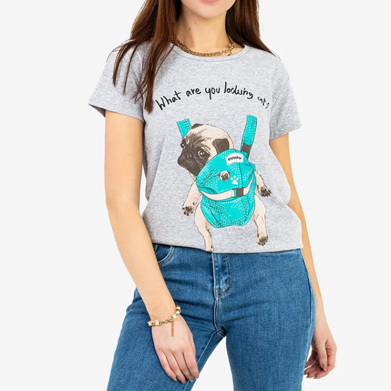 Sale Damska szara koszulka z kolorowym printem Bluzki / Koszule / Koszulki