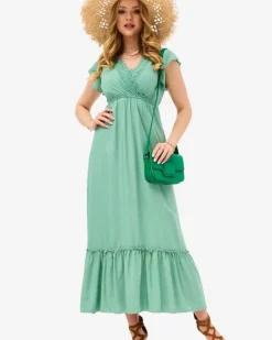 Discount Damska zielona długa sukienka z koronką Sukienki Letnie|Sukienki Długie