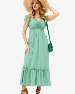 Discount Damska zielona długa sukienka z koronką Sukienki Letnie|Sukienki Długie