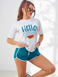 Sale Damski komplet sportowy z t-shirtem i krótkimi spodenkami Hello Summer Damskie Komplety Damskie