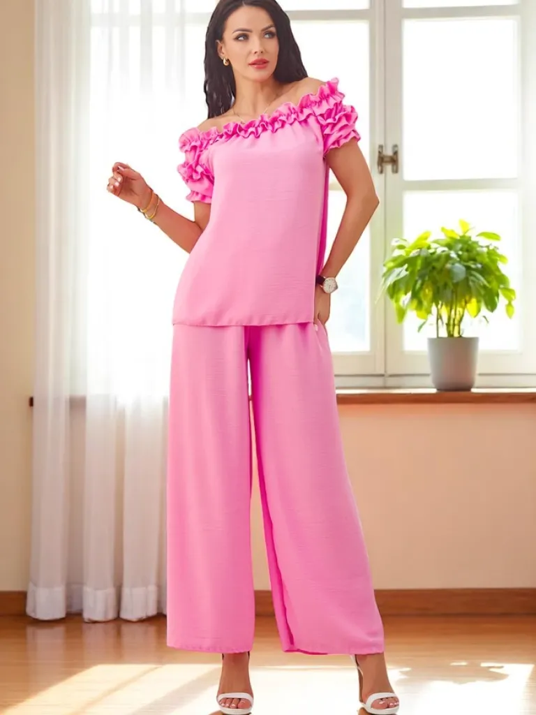 Best Damski komplet z bluzką hiszpanką z krótkim rękawem i ozdobnym dekoltem i poszerzanymi spodniami Damskie Komplety Damskie