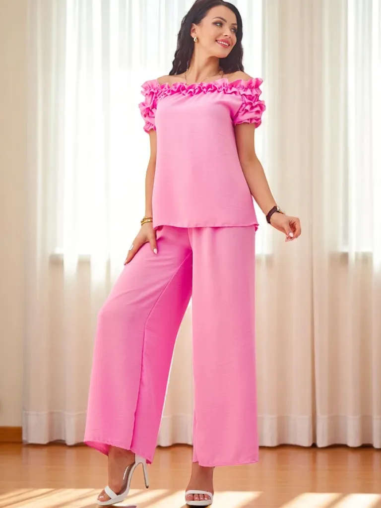 Best Damski komplet z bluzką hiszpanką z krótkim rękawem i ozdobnym dekoltem i poszerzanymi spodniami Damskie Komplety Damskie