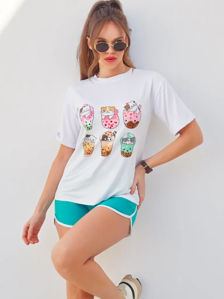 New Damski komplet sportowy z t-shirtem i krótkimi spodenkami Kitty Cat Damskie Komplety Damskie