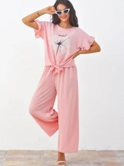 Discount Damski komplet casualowy z bluzką z krótkim rękawem i szerokimi spodniami Damskie Komplety Damskie