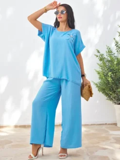 Online Damski komplet z krótkim rękawem, ozdobnym kwiatem i szerokimi spodniami Damskie Komplety Damskie