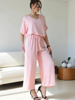 Sale Damski komplet casualowy z bluzką z krótkim rękawem i szerokimi spodniami Damskie Komplety Damskie