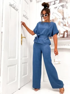 Discount Damski komplet z bluzką z krótkim rękawem i szerokimi spodniami Damskie Komplety Damskie