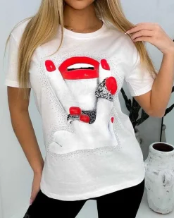 Sale Damski t-shirt z nadrukiem i cyrkoniami Bluzki / Koszule / Koszulki