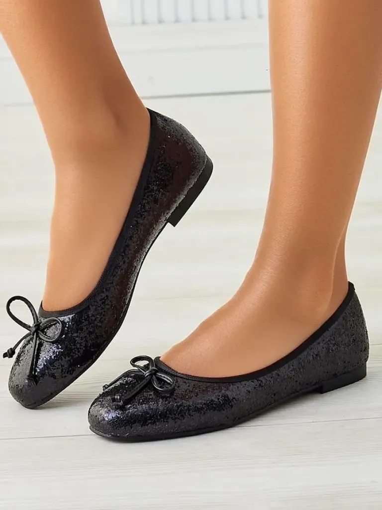 Damskie baleriny z brokatem i kokardką Aramie Buty Na Wielkie Wyjście|Baleriny Klasyczne