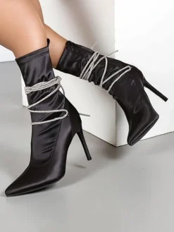 Sale Damskie botki na szpilce z paseczkami z cyrkonii Glamese Szpilki|Botki Bez Ocieplenia