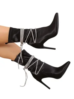 Sale Damskie botki na szpilce z paseczkami z cyrkonii Glamese Szpilki|Botki Bez Ocieplenia