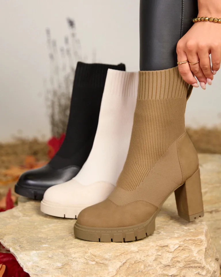 Online Damskie botki na wyższym obcasie w kolorze camel Flexi Booties Botki Bez Ocieplenia|Botki Na Słupku