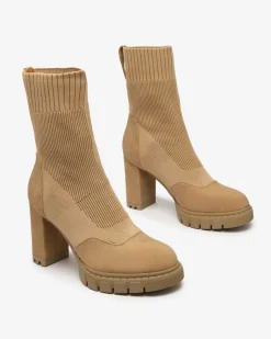 Online Damskie botki na wyższym obcasie w kolorze camel Flexi Booties Botki Bez Ocieplenia|Botki Na Słupku