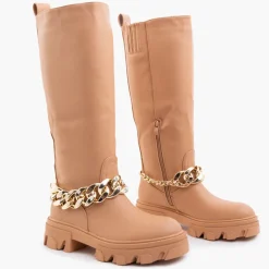 Outlet Damskie brązowe kozaki z łańcuszkiem Sudzi Kozaki Na Płaskim Obcasie|Kozaki Z Ociepleniem
