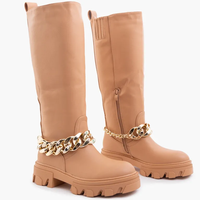 Outlet Damskie brązowe kozaki z łańcuszkiem Sudzi Kozaki Na Płaskim Obcasie|Kozaki Z Ociepleniem