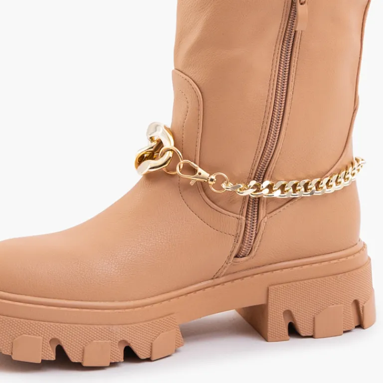 Outlet Damskie brązowe kozaki z łańcuszkiem Sudzi Kozaki Na Płaskim Obcasie|Kozaki Z Ociepleniem