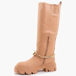 Outlet Damskie brązowe kozaki z łańcuszkiem Sudzi Kozaki Na Płaskim Obcasie|Kozaki Z Ociepleniem